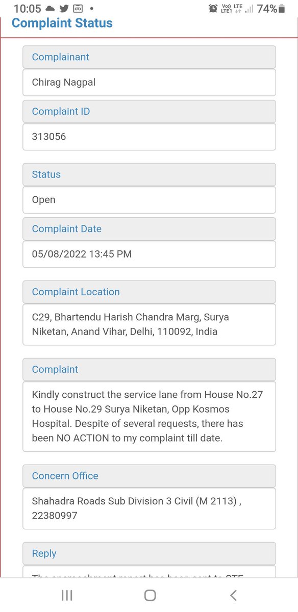 ChiragN01570710's tweet photo. Service road Opp Kosmos Hospital, Anand Vihar needs to be repaired. Complaint No.313056 was registered on 05/08/22.

Despite several requests this road has not been constructed till date and status remains OPEN. Kindly help !!

@DelhiPwd @msisodia @CPCB_OFFICIAL @DPCC_pollution https://t.co/1TZN0ZN5wL