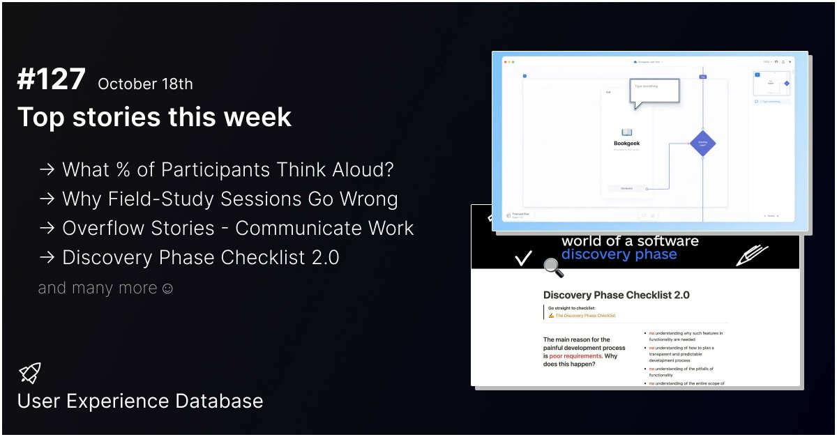 uxdatabase's tweet image. #127 Issue released ✈️

This week top stories
→ What % of Participants Think Aloud? @MeasuringU
→ Why Field-Study Sessions Go Wrong @nngroup
→ Overflow Stories - Communicate Work @overflowapp
→ Discovery Phase Checklist 2.0 @FreshCode1

buff.ly/3CGmhuZ