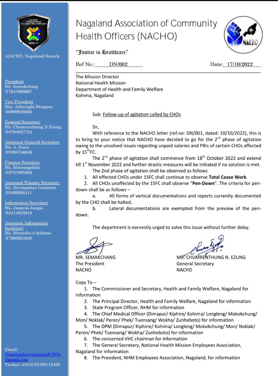 NACHO39113455's tweet photo. Follow up of the agitation stir called by NACHO on 10th Oct2022 on issue regarding unpaid salary and PBI.
Second Phase of agitation commence today i.e., 18th Oct 2022  due to unresolved issue.
@HealthAndFamil2 
@pangnyu 
@MoHFW_INDIA https://t.co/VaAyty2g83