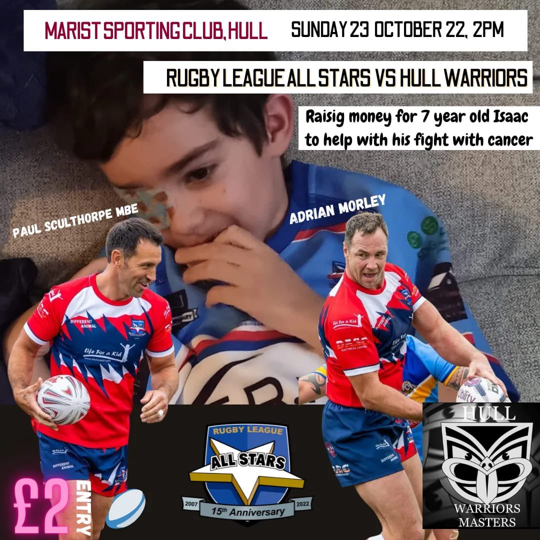 hull_warriors's tweet photo. 🏉𝗚𝗔𝗠𝗘 𝗪𝗘𝗘𝗞🏉

🏆 Raising Money For Issac 
🆚 @RLAllstars 
🏟 Marist SC (HU6 7TX)
📆 Sunday 23rd October 
⏰ 2.00pm

#wearewarriors #rugbyleagueallstars #marist #lifeforakid https://t.co/vFlL0qRlGh