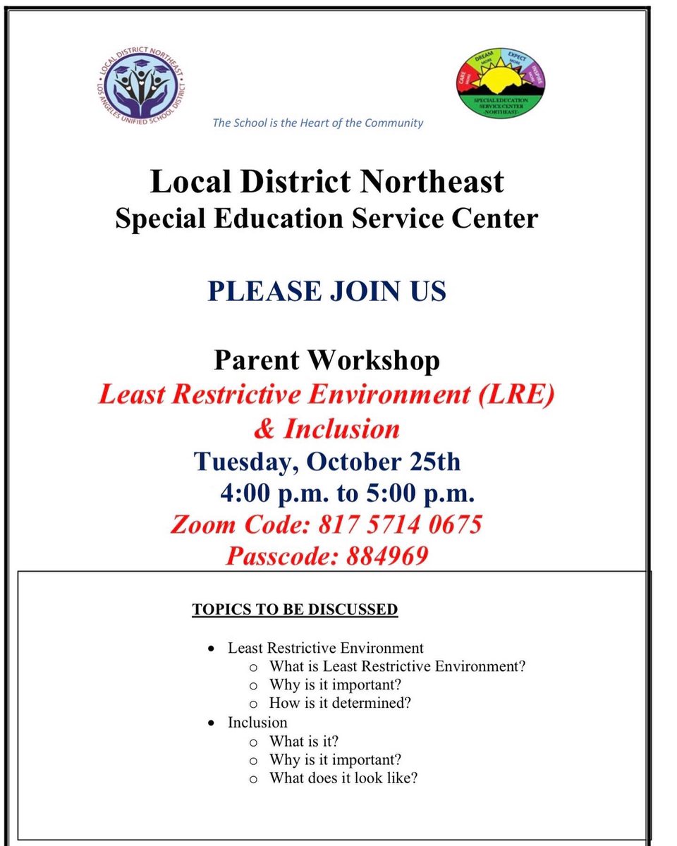 Our Local District Northeast Special Education Service Staff will be presenting a workshop on Least Restrictive Environment &amp; Inclusion. Tuesday, October 25th at 4 pm on zoom. <a href="/Kelly4LASchools/">Kelly Gonez, LAUSD</a> <a href="/ScottAtLAUSD/">Scott M. Schmerelson</a> <a href="/LASchools/">Los Angeles Unified</a>
