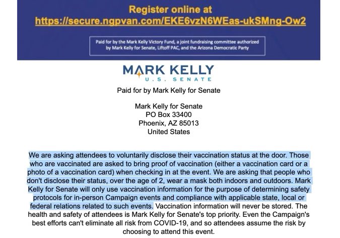 Proof of COVID vaccination required to attend a Mark Kelly fundraiser. Democrats are the party of masks & vaccine mandates 😷 Republicans are the party of freedom.