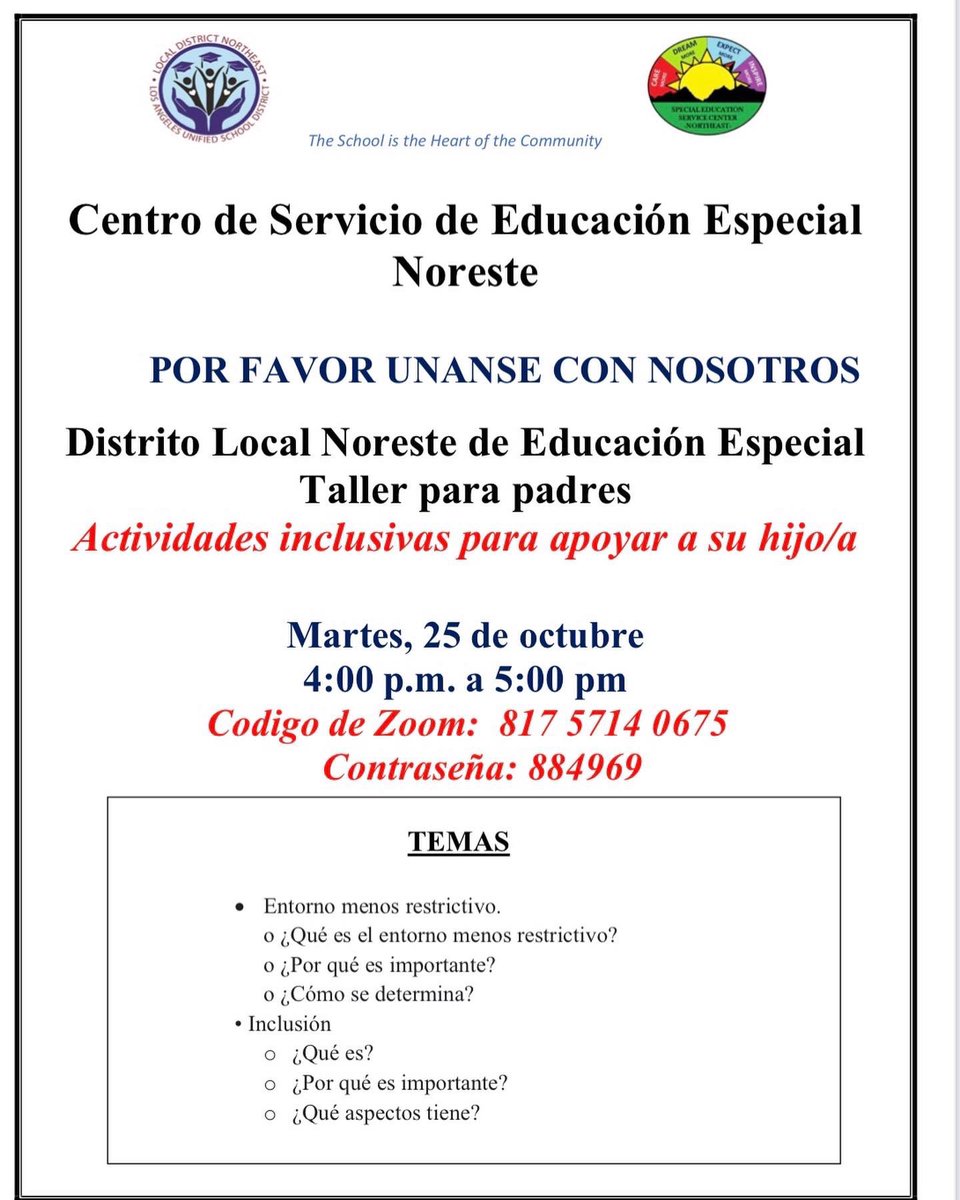 Nuestro personal de servicio de educación especial del distrito local del noreste presentará un taller sobre el entorno menos restrictivo y la inclusión. mattes 25 de octubre a las 4pm por zoom. <a href="/Kelly4LASchools/">Kelly Gonez, LAUSD</a> <a href="/ScottAtLAUSD/">Scott M. Schmerelson</a> <a href="/LASchools/">Los Angeles Unified</a>