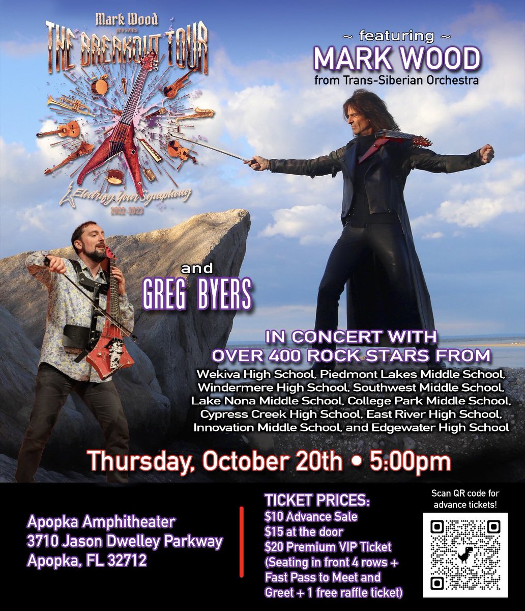 StephanLabelle's tweet image. 10 schools - 400+ students - Rock Orchestra Concert with Emmy Award winning composer and electric violinist, Mark Wood and electric cellist, Greg Byers. Tickets: tinyurl.com/EYStickets.