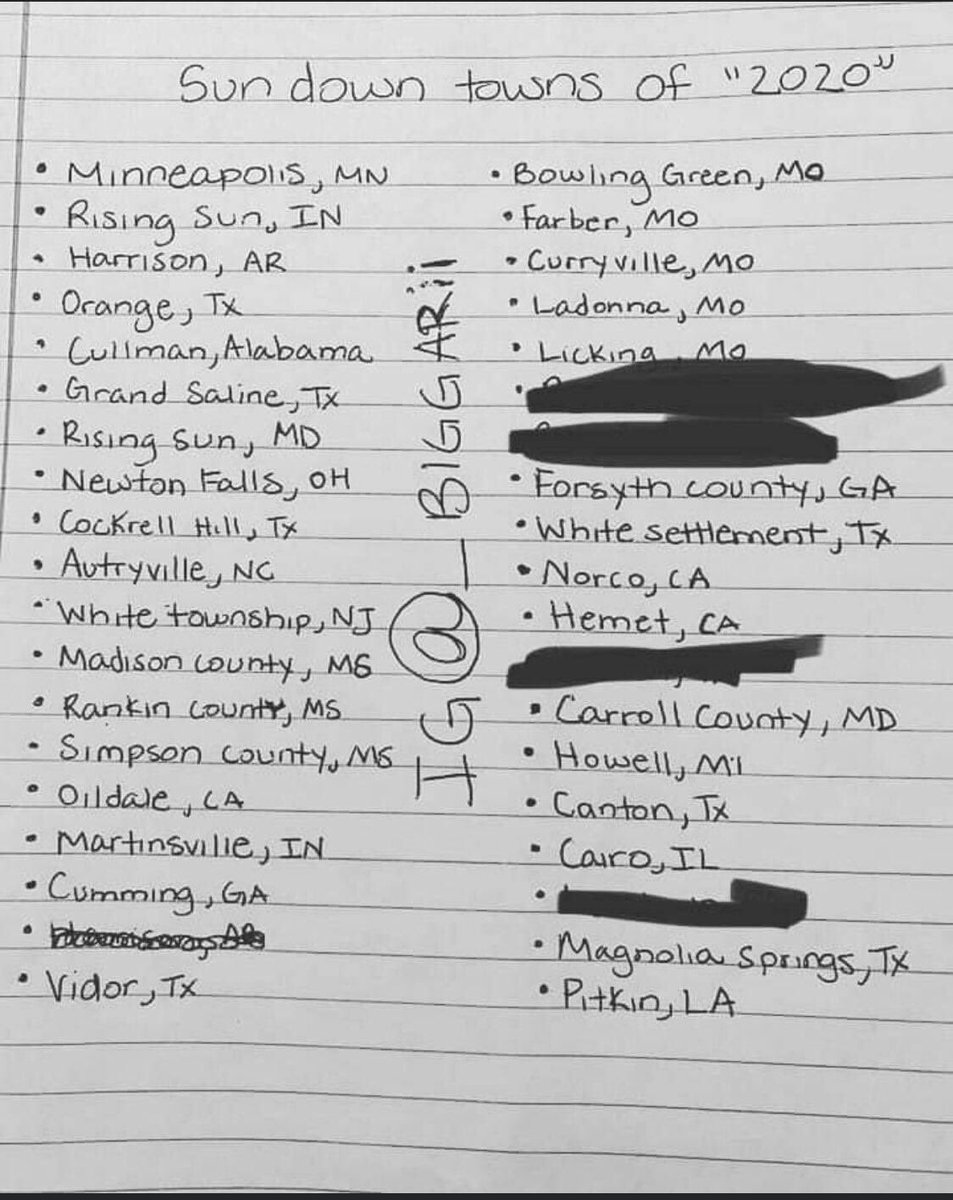 Here’s a list with some of the towns listed in this thread as modern sundown towns