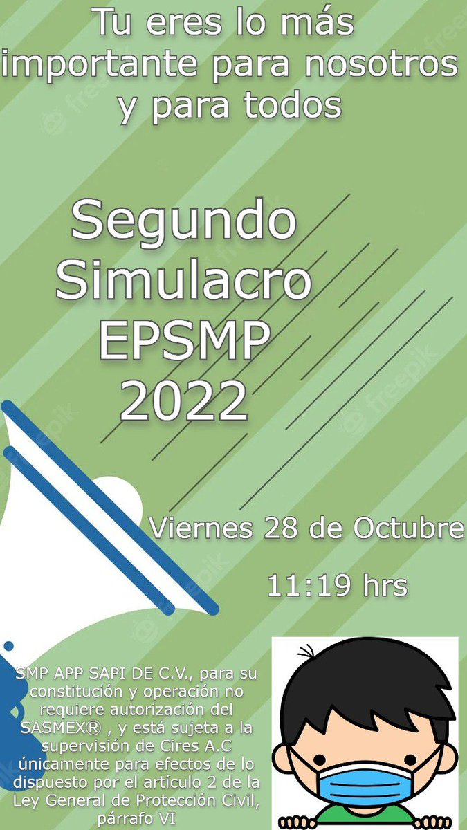 red_epsmx's tweet photo. Los invitamos a participar en el segundo #SimulacroEPSMP2022
📅Día: 28 de Octubre 2022
⌚Hora: 11:19 hrs
Nota: Este NO es un simulacro nacional, este es un simulacro hecho por SismosMP solo será supervisado por el Cires A.C
#EmixPoloSismos #SismosMP #DeLaPrevenciónNaceLaFuerza https://t.co/BNnwsvUiiO