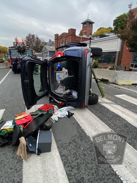 Just before noon today, companies responded to a rollover on Leonard Street. The jaws of life were used to extricate one patient from the vehicle. Belmont Fire transported the patient to a local medical facility. Group 1 is on duty. @Belmont_Ma