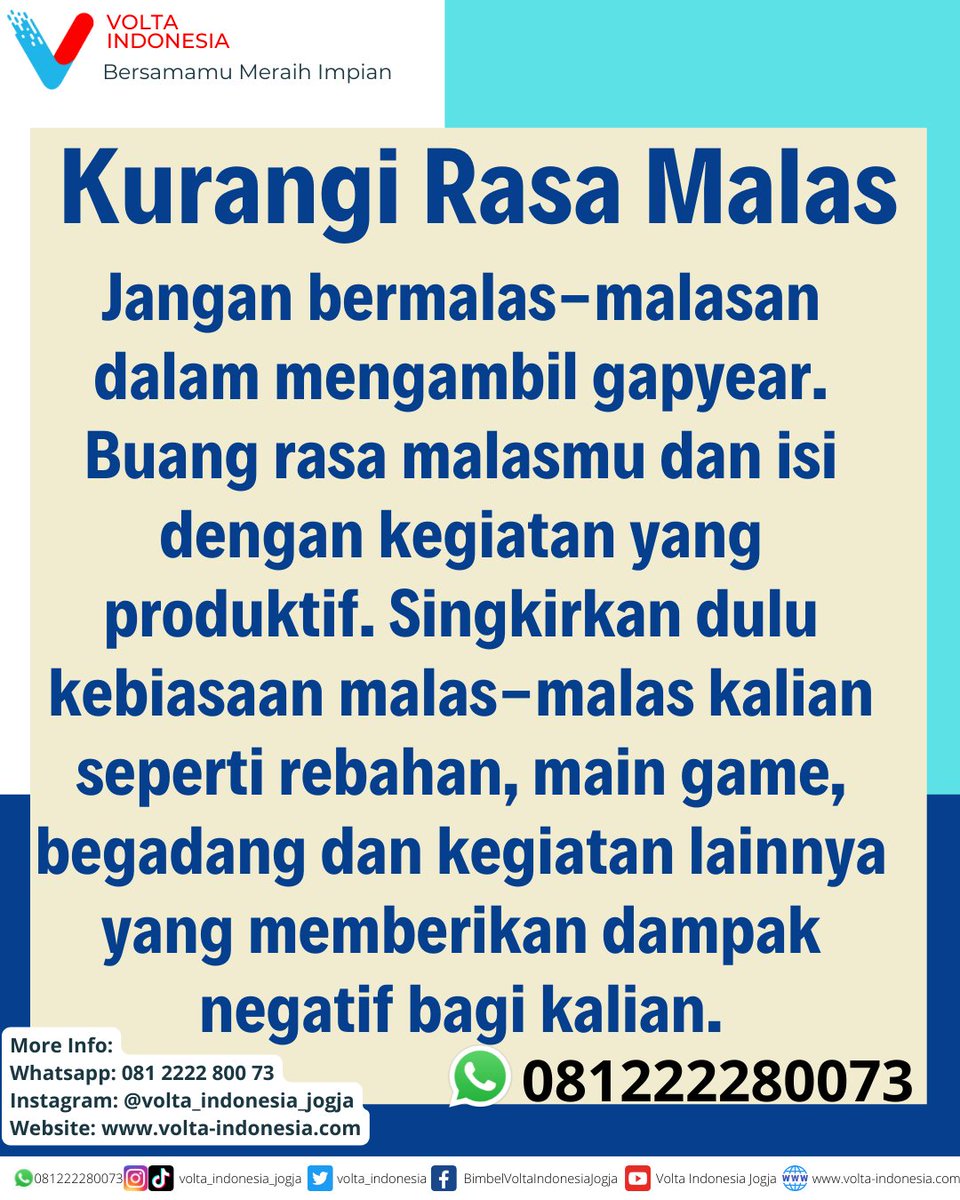 volta_indonesia's tweet photo. Hai teman-teman gapyear sudah sampai mana nih persiapan kalian ???
Jangan lupa yuk gabung BIMBEL VOLTA INDONESIA untuk mematangkan persiapan mu 🥰
#voltaindonesia #bersamamumeraihimpian #3SMA #Gapyear #snbt2023 #bimbelutbksnbt2023 #bimbelmurah #bimbelmurahjogja https://t.co/xlGTXYbR1Q