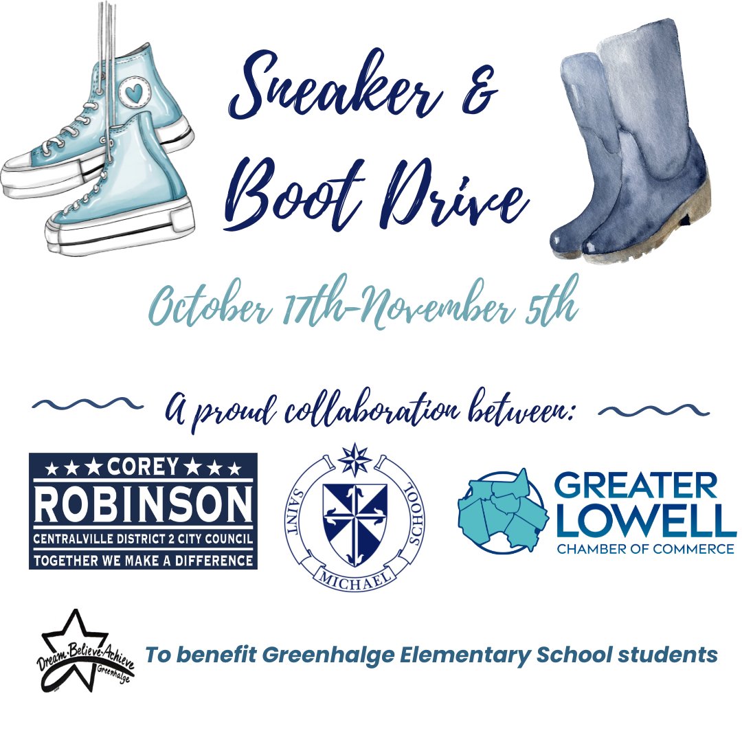DMcFaddenLowell's tweet photo. Please consider donating new or gently used sneakers and/or winter boots (youth sizes) to our Sneaker and Boot Drive to benefit Greenhalge Elementary in #Lowell.

https://t.co/bAKd83eR98

Thanks to @coreyforcville @greaterlowellcc and St. Michael's for working with me on this! https://t.co/wfyMDSFsra
