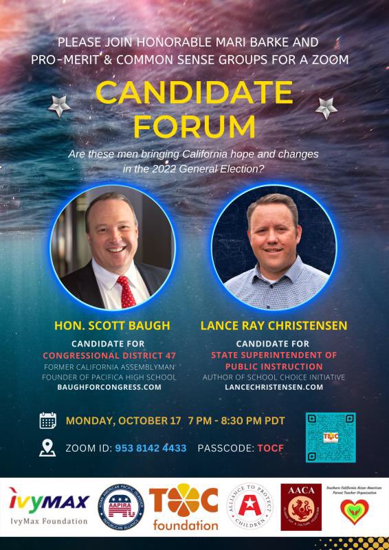 TOC Foundation Candidates Forum with Lance Christensen and Scott Baugh. 7:00pm tonight <a href="/Lance4CASuper/">Lance Christensen</a> <a href="/ScottBaughCA47/">Scott Baugh</a> <a href="/maribarke/">Mari Barke</a>