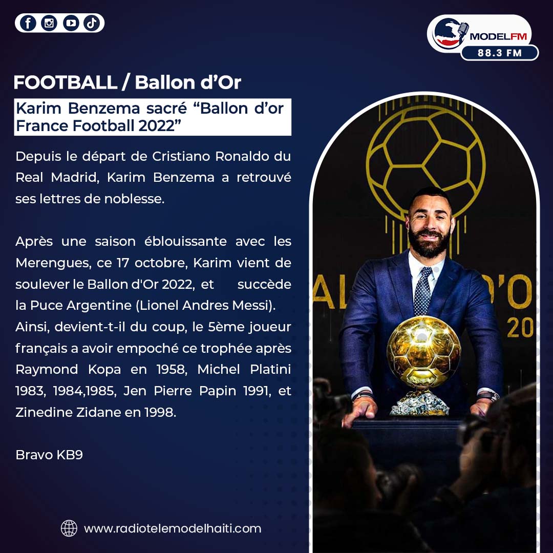 modelfm883's tweet photo. Karim Benzema sacré "Ballon d'Or France Football 2022".

#Sport
#Football 
#BallonDor 
#ModelFM https://t.co/gulhVQb3ji