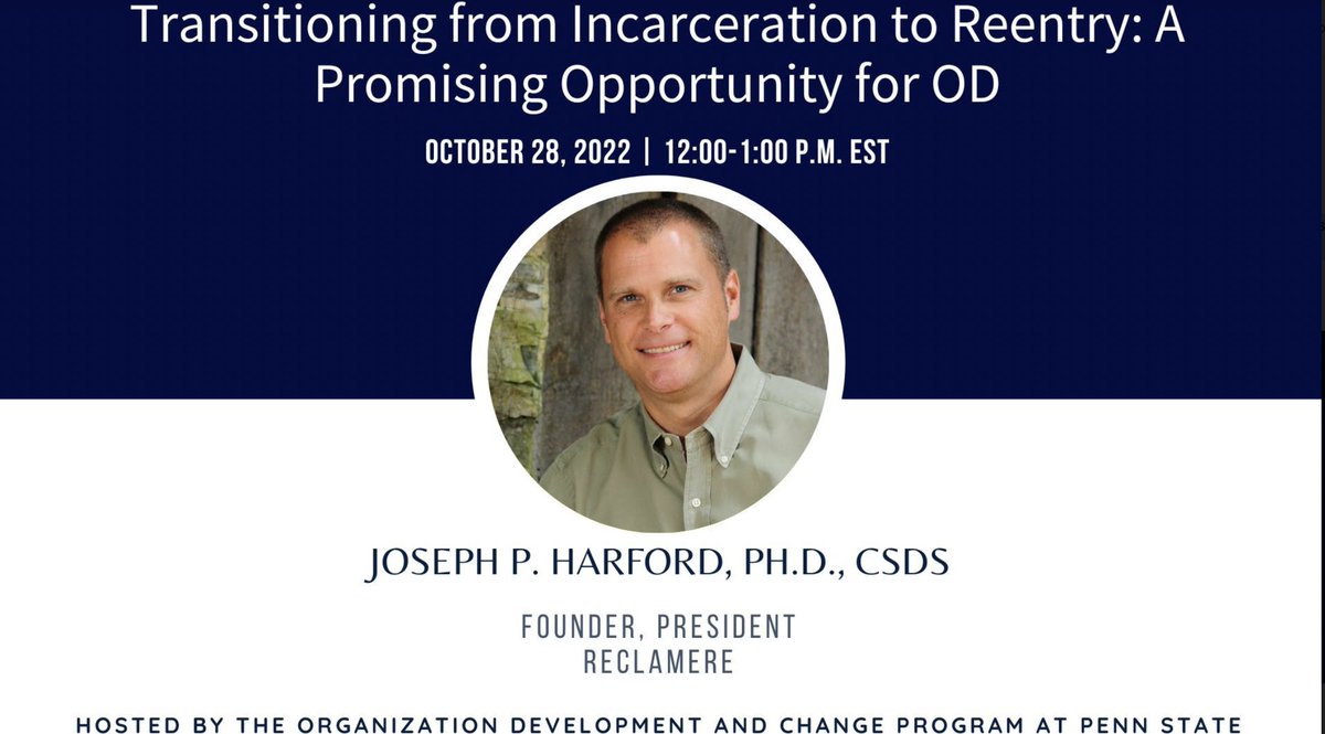 kimjbarker's tweet image. Our next webinar is presented by Dr. Joseph P. Harford on &quot;Transitioning from Incarceration to Reentry: A Promising Opportunity for OD&quot; on October 28, 2022 from 12:00-1:00 p.m. EDT. Kindly find the registration link here: Penn State Webinar
#pennstateodc #pennstate #livewebinars