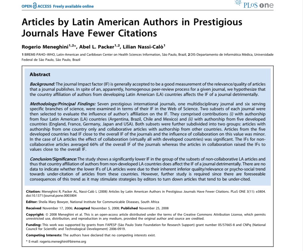 Los artículos publicados por autores latinoamericanos en revistas de alto impacto tienen menos citas ♾️ journals.plos.org/plosone/articl…