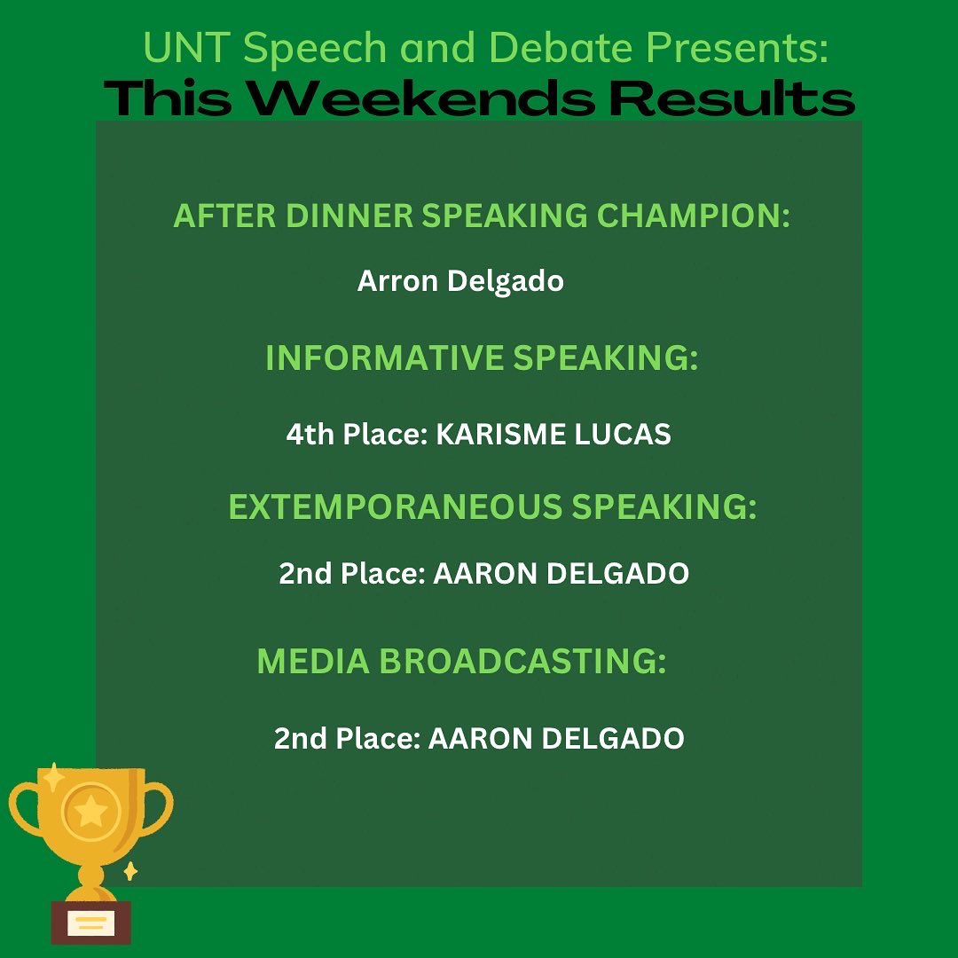 UNTDebate's tweet photo. Congratulations to everyone who competed this past weekend! It was a very successful tournament for our mean green debaters. 

UNT as whole was 3rd place in Team Sweepstakes. Nice job!  

#untdebate https://t.co/SL0UVxqxYs