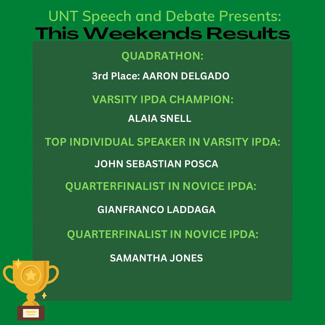 UNTDebate's tweet photo. Congratulations to everyone who competed this past weekend! It was a very successful tournament for our mean green debaters. 

UNT as whole was 3rd place in Team Sweepstakes. Nice job!  

#untdebate https://t.co/SL0UVxqxYs