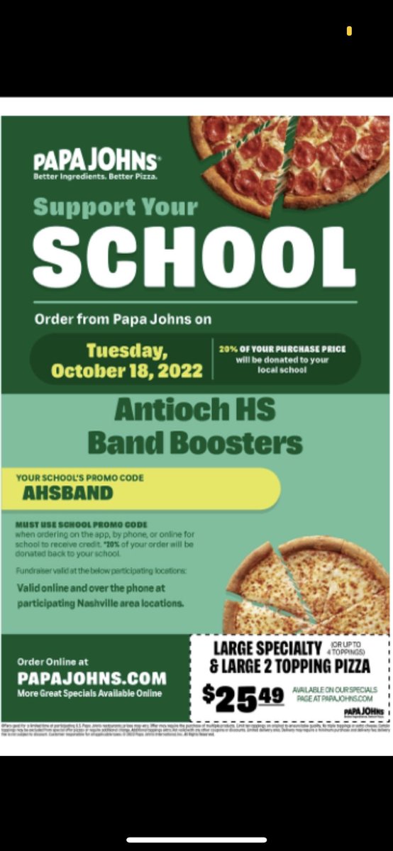 Tuesday is the day! Order online or on phone, anywhere in Nashville, use promo code AHSBAND. 🍕!!!
