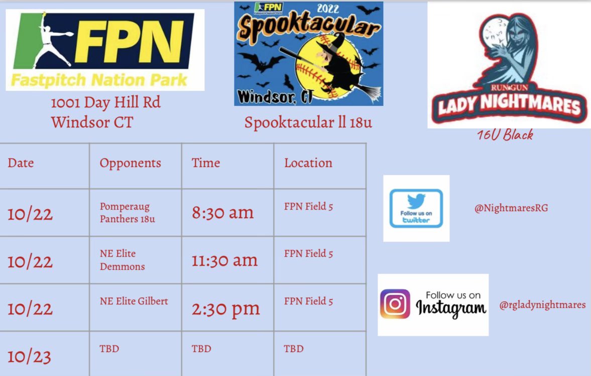 NightmaresRG's tweet photo. Upcoming tournament! 16u BLACK is Playing up to 18u this weekend. Come out to FPN WINDSOR and watch us play! @NightmaresNew @ExtraInningSB @LegacyLegendsS1 @D1Uncommitted @SeymourBall @DanaGarrity420 @Los_Stuff @FPNSoftball @CoastRecruits @QrRecruiter @BrenttEads @PhilWil04 https://t.co/4gAMx6Rkp9