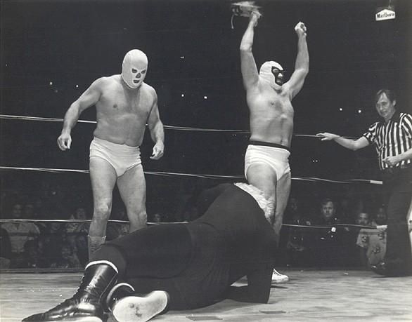 wrestlerweekly's tweet photo. Two of the greatest masked wrestlers in history, #MrWrestling #TimWoods & #MrWrestlingII #JohnnyWalker after a victory at the Atlanta Omni. #ML https://t.co/OpcwGXLrE3