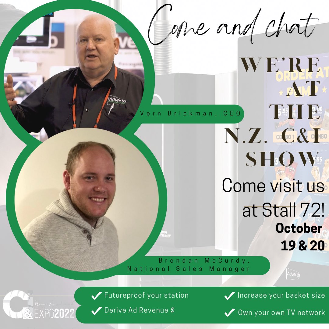 AdvertoGlobal's tweet photo. 🥳 Visit Adverto at the C&amp;I Expo in New Zealand on October 19 &amp; 20. 🗣Talk with Vern and Brendan about how our innovative ⛽️ #petrolpump media devices can help you ⬆️ increase instore sales, 💰generate ad revenue, and promote important 👨‍👩‍👧‍👦 community messages. #petroleum #petrol https://t.co/oE3SvtMd2H