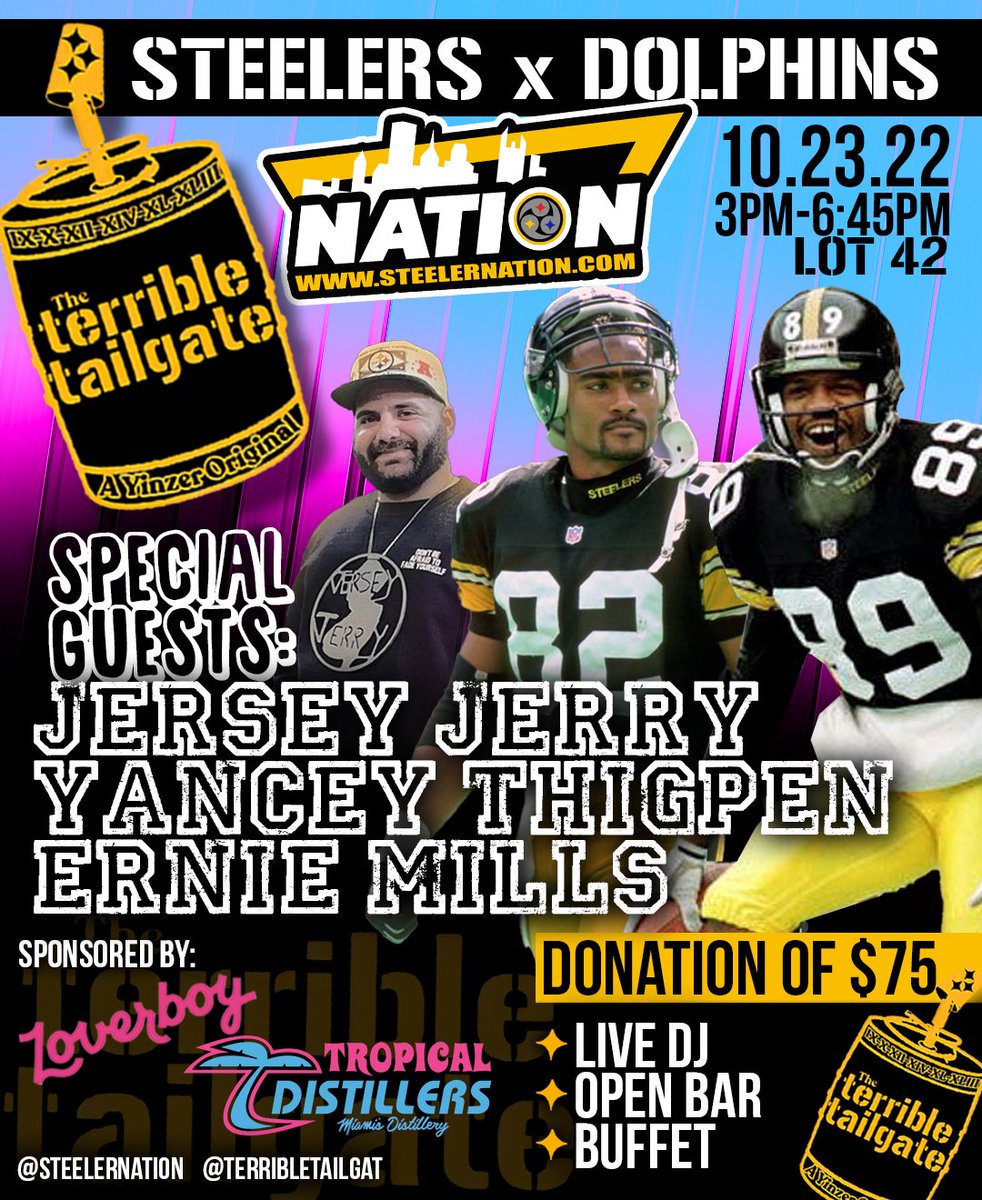 🚨🚨BONUS ENTRY IF YOU RETWEET THIS POST 

Come to the Terrible Tailgate in Miami this weekend! All you can drink and eat! Lot 42! 

Reserve a spot now!! 
eventbrite.com/e/pittsburgh-s…