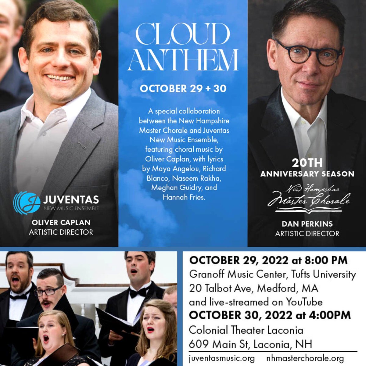 This month kicks off our twentieth season- a special collaboration with @JuventasMusic 

October 29 + 30
More info available :
nhmasterchorale.org 
juventasmusic.org 

#seasontwenty
#cloudanthem
#NewMusic #choral #itbegins