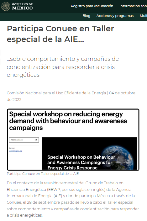 CONUEE_mx's tweet image. 📰En la siguiente #CrónicaConuee te explicamos la participación de la Conuee en el Taller especial de la @IEA sobre el comportamiento y campañas de concientización para responder a crisis energéticas.

🖱️Da click en gob.mx/conuee/es/arti…
@ConueeInt @odebconuee