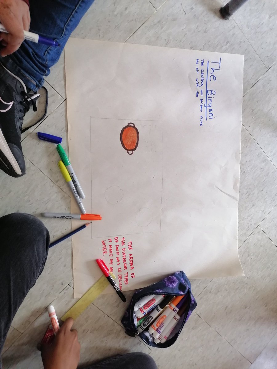 MsBashir12's tweet photo. Using sensory details to describe a celebratory meal such as Thanksgiving dinner or an Eid party, etc. We realized that even though our celebrations and cuisine may be different, the traditions of celebrating with family and friends is the same world over. https://t.co/I2p1eTrCoD