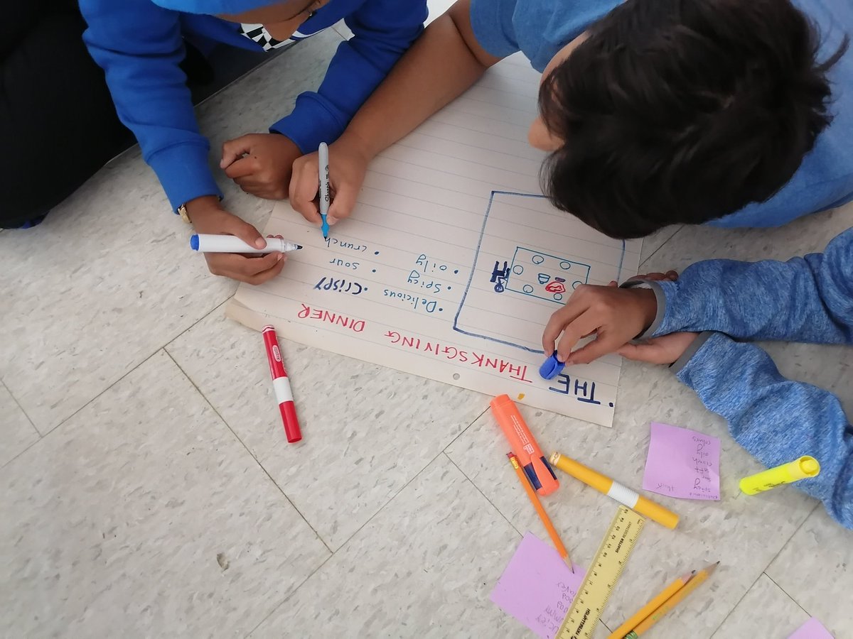Using sensory details to describe a celebratory meal such as Thanksgiving dinner or an Eid party, etc. We realized that even though our celebrations and cuisine may be different, the traditions of celebrating with family and friends is the same world over.