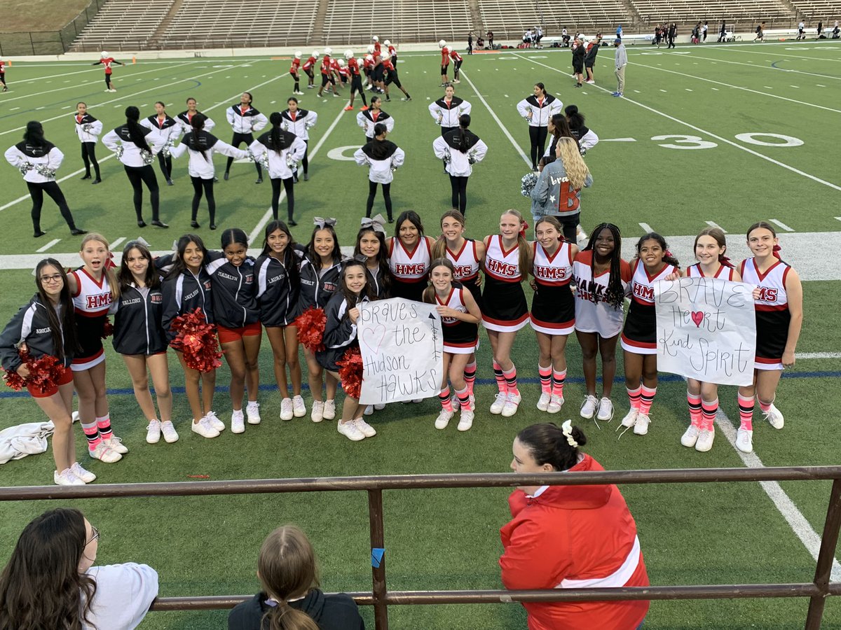 wilson_katied's tweet photo. @CCBMS_Braves cheer was so kind and supportive tonight. They gave our team some encouraging signs ♥️🖤 #SoarHawksSoar @Hudson_Hawks https://t.co/7I2bNF1G5s