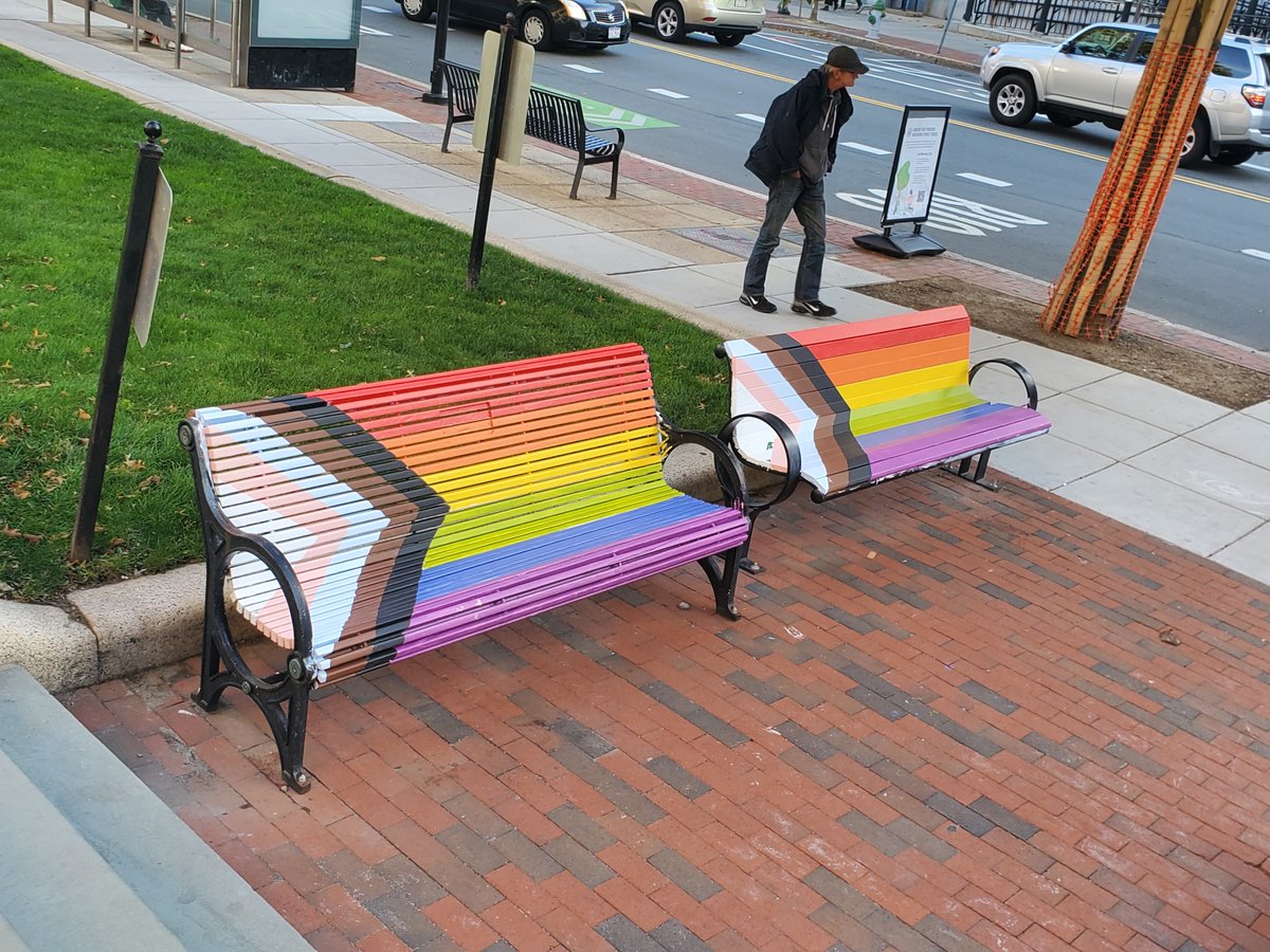 CambLGBTQPlus's tweet photo. @alexmakesart painting the Cambridge City Hall front benches like Progress Pride Flags!

Dontcha just love Cambridge? https://t.co/iS9i5fCzN8