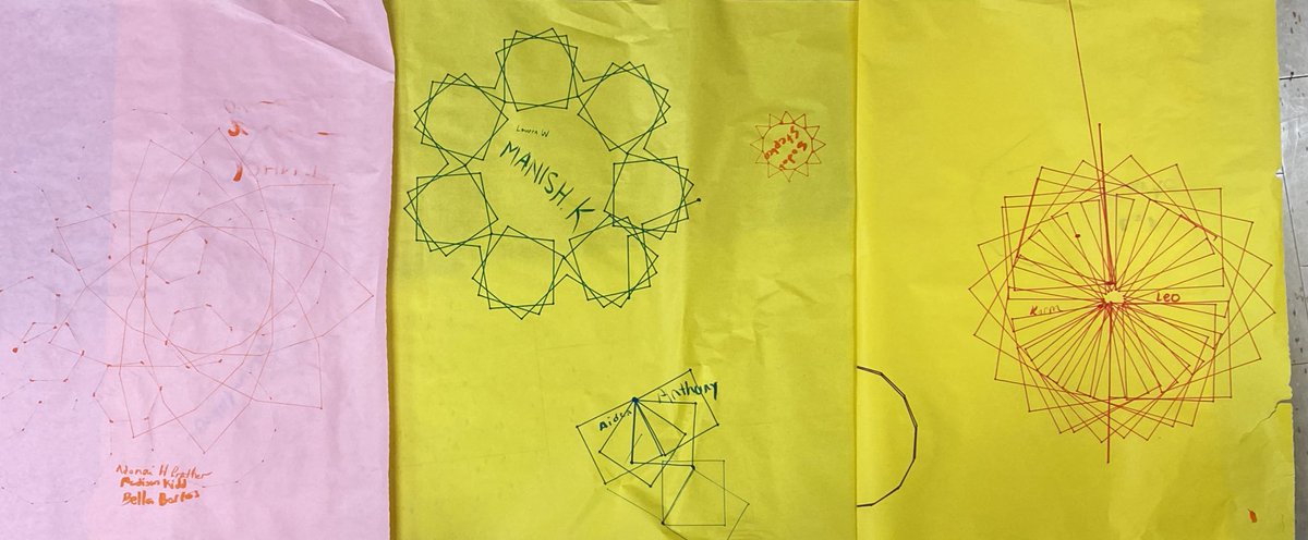 MsChoe27's tweet photo. We practiced more pseudocode using loops and made iterative drawings last week. The unexpected problem solving that was needed to fit their designs on the paper was a nice surprise! https://t.co/k7WdceQae7