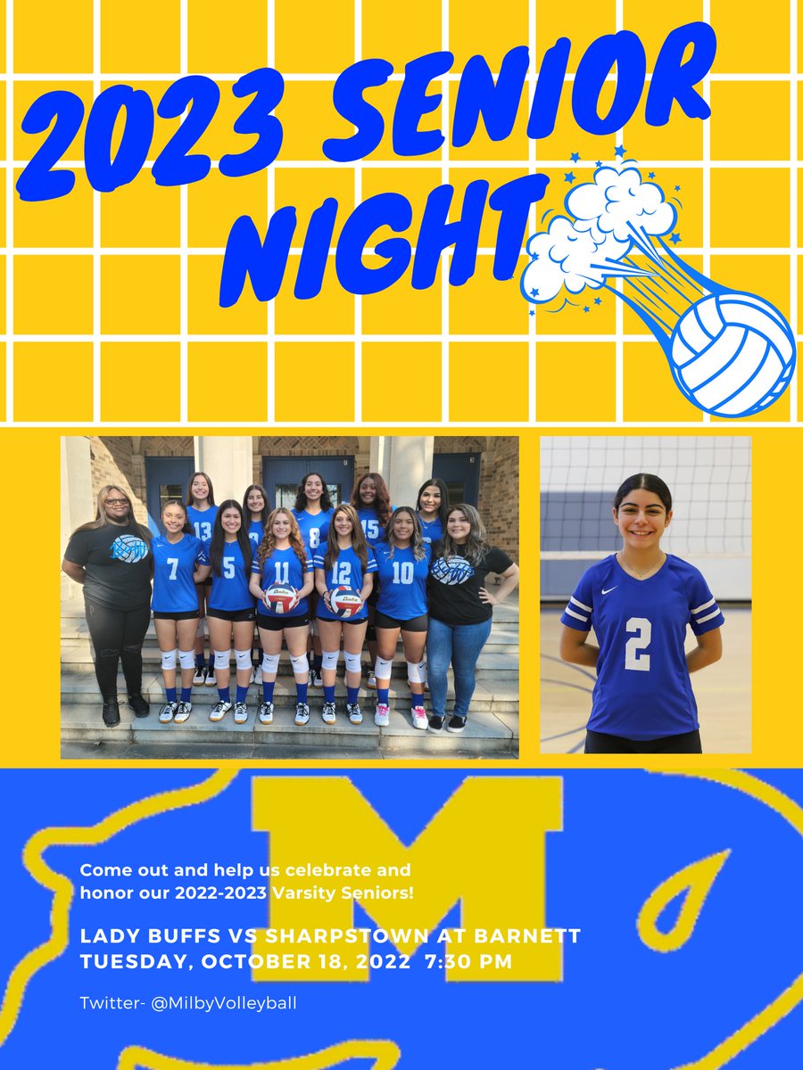Milby Volleyball (@milbyvolleyball) on Twitter photo It's time to recognize our Class of 2023 Seniors! Come out show your support! It's time to recognize our Class of 2023 Seniors! Come out show your support!