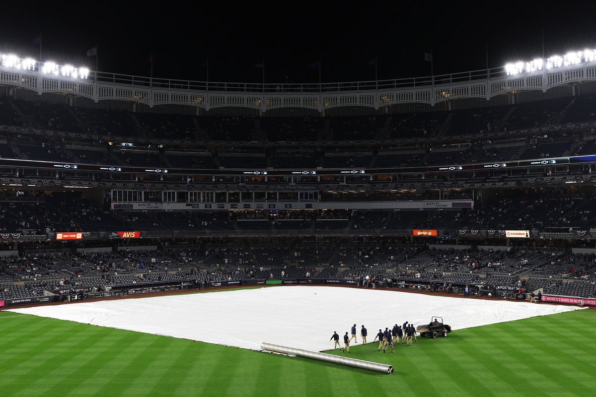 MLB's tweet photo. Due to inclement weather, tonight's ALDS Game 5 between the Guardians and Yankees has been postponed. The game is rescheduled for 4:07 pm ET on Tuesday. https://t.co/x6dseeBZfH