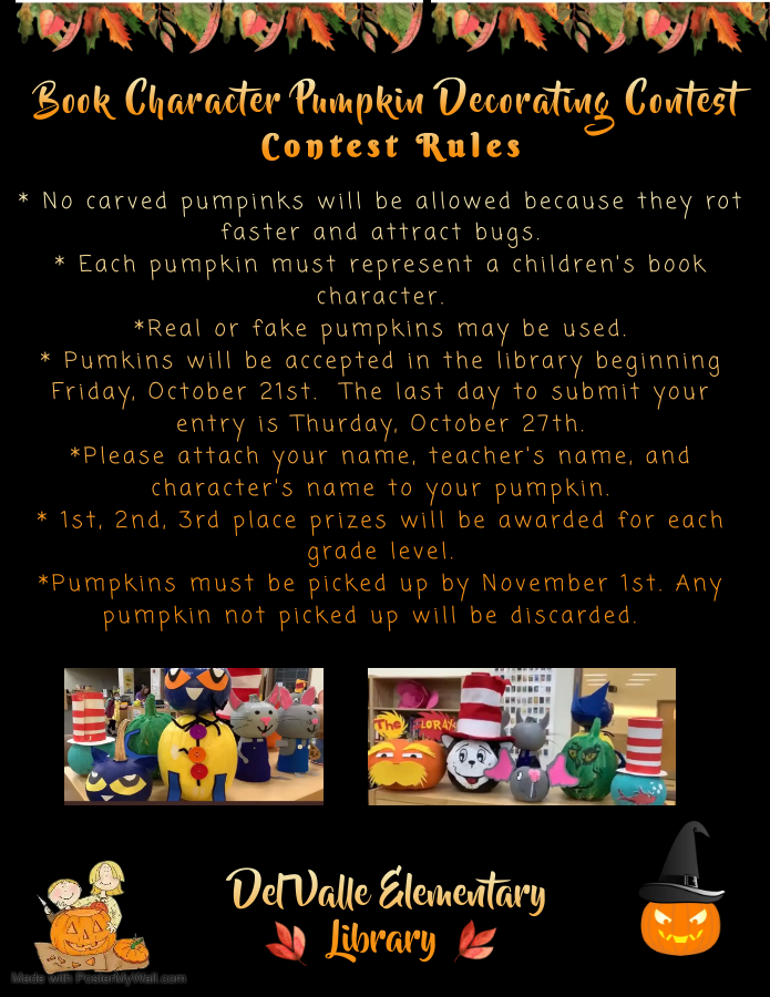 DVESLibrarian's tweet photo. Join in on the fun and decorate a pumpkin as your favorite book character.  Pumpkins are due October 27th! @DelValleES_YISD https://t.co/xymKvmyBuk