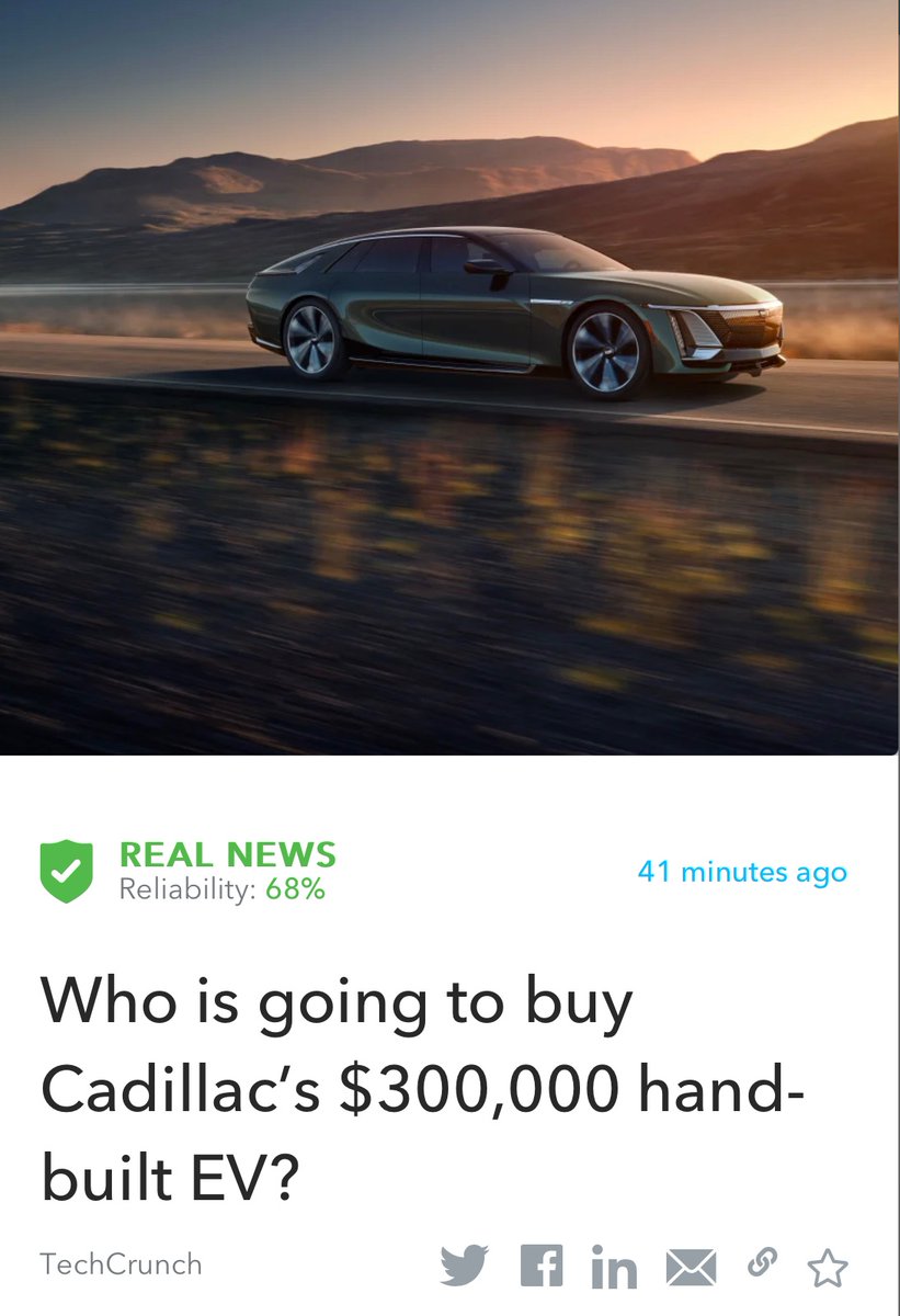 Oigetit_Tech's tweet photo. Who is going to buy Cadillac’s $300,000 hand-built EV?
https://t.co/39CviSLPwd
Read more: https://t.co/fd2Y0upg7b
#fakenewsfilter #realnews #news #Cars #Cadillac #technology #innovation #EV 
The article was fact checked by #oigetit! https://t.co/cEXyXSvxNN