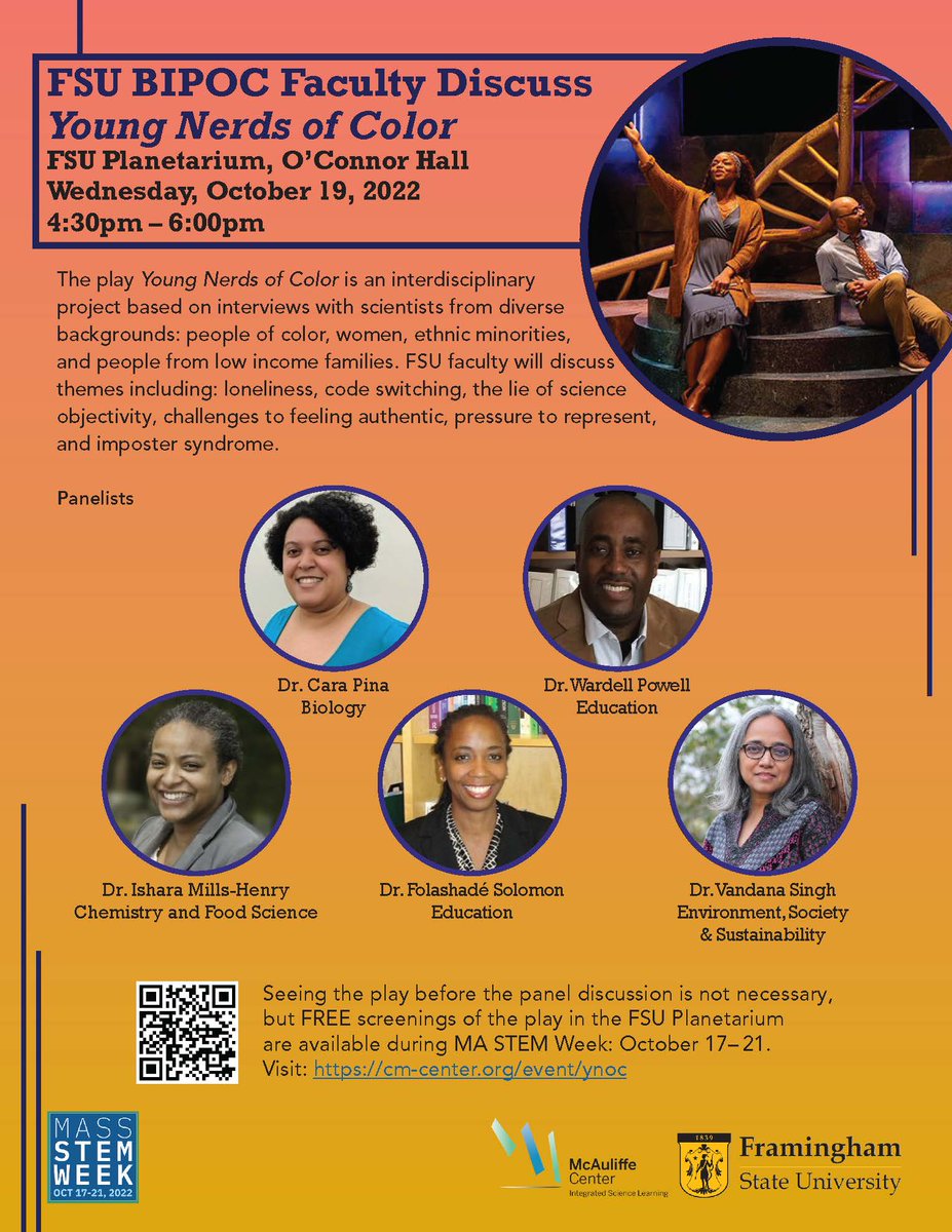 educationfsu's tweet photo. FSU BIPOC Faculty Discuss "Young Nerds of Color" @McAuliffeCenter FSU Planetarium, O’Connor Hall Wednesday, October 19, 2022 4:30pm – 6:00pm
FREE screenings of the play are available during MA STEM Week: October 17– 21.
Visit: https://t.co/n1Tkj0mck5 https://t.co/yWBNCOYlnx