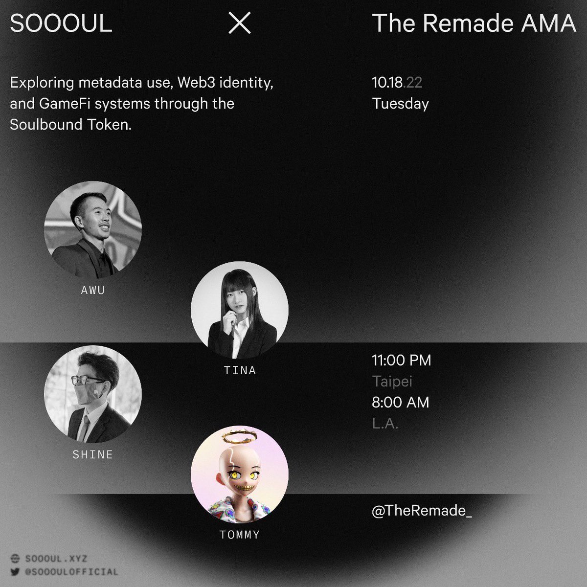 TheRemade_'s tweet photo. [ SOOOUL X The Remade ]
https://t.co/JjnCVlOiCy

1️⃣ Follow 
@TheRemade_  , @SOOOULofficial , @taiwanswag_

2️⃣ Like + RT + Tag friends

3️⃣ Join 
https://t.co/K0YaSMGTq4

🎉5X REVO WL Spots

#theremade #SOOOUL #SBT #twitterspace #ama #whitelist #giveaways #web3 #community https://t.co/7SIQtN0pzz