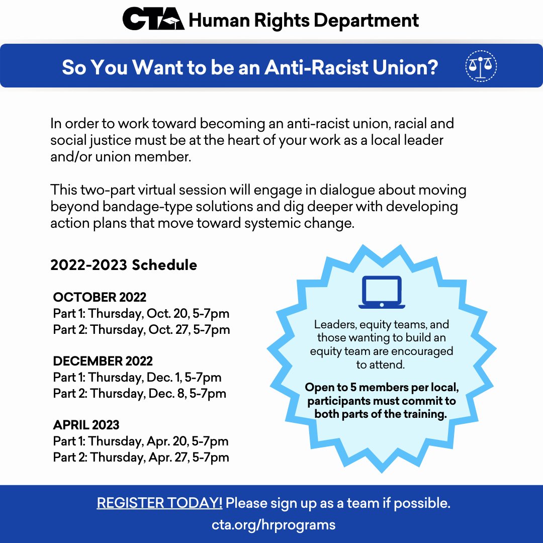 Are you interested in racial and social justice and need tools to help increase equity in your union? Join us for “So You Want to be an Anti-Racist Union?” training on October 20 &amp; 27! Up to 5 members per local. Register: cta.org/antiracistunion #CTAForJustice #WeAreCTA