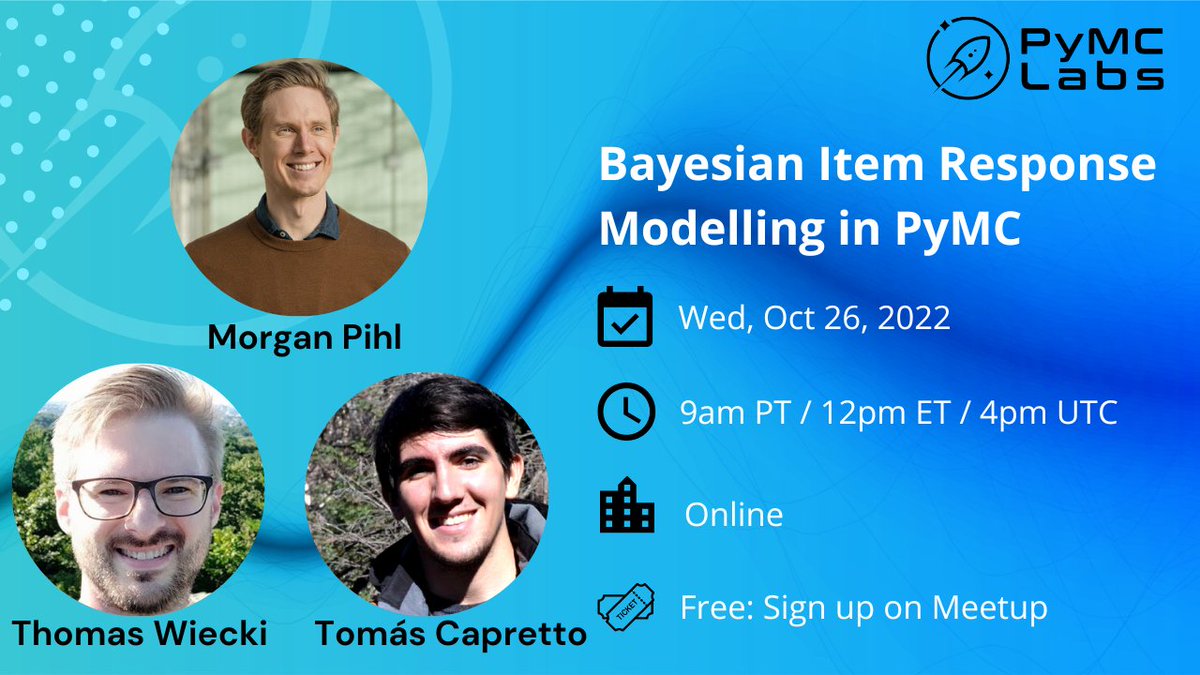 Join our next panel discussion as we discuss IRT (Item Response Theory), GRM (Graded Response Model) and the advantages to using the Bayesian approach.
🗓️: Wed, October 26,2022
⏰: 12pm ET/16:00 UTC
👤: <a href="/twiecki/">Thomas Wiecki</a>, <a href="/morgan_pihl/">Morgan Pihl 🐘@morgan@bayes.club</a>,@CaprettoTomas
meetup.com/pymc-labs-onli…
#bayesian #PyMC