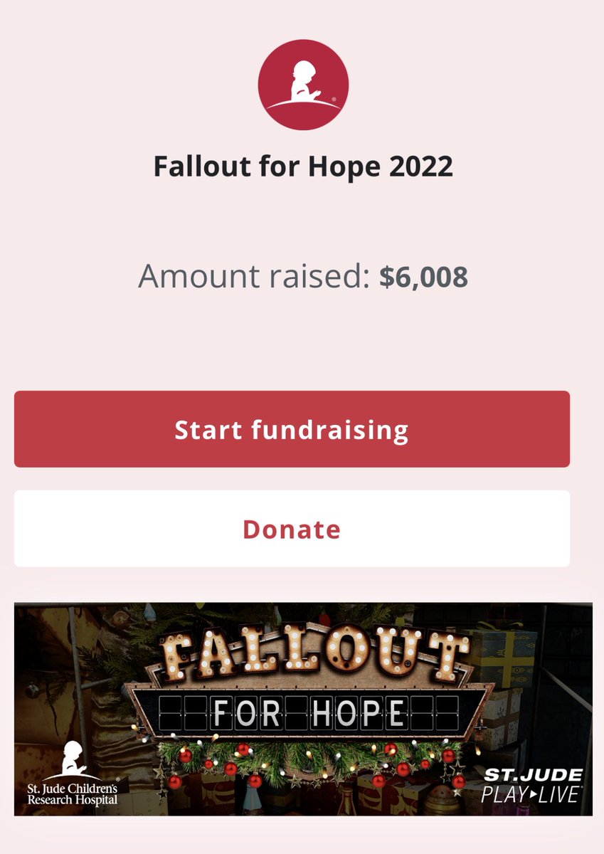 FalloutForHope's tweet photo. Look at this community go! $6k raised so far, just 7 days into #FalloutForHope 2022 for @StJude!!!! ❤️ https://t.co/iQ89I8iani