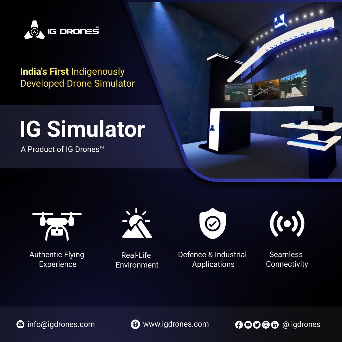 IGDefence's tweet photo. India’s First Indigenously Developed Drone Simulator will be launched at DefenceExpo, 2022!

This IG Drones’ software tailored for varied applications, allows you to hone your piloting skills without the potential risks and costs associated with real-life training. 

#igdrone https://t.co/lUxDHEVM5p