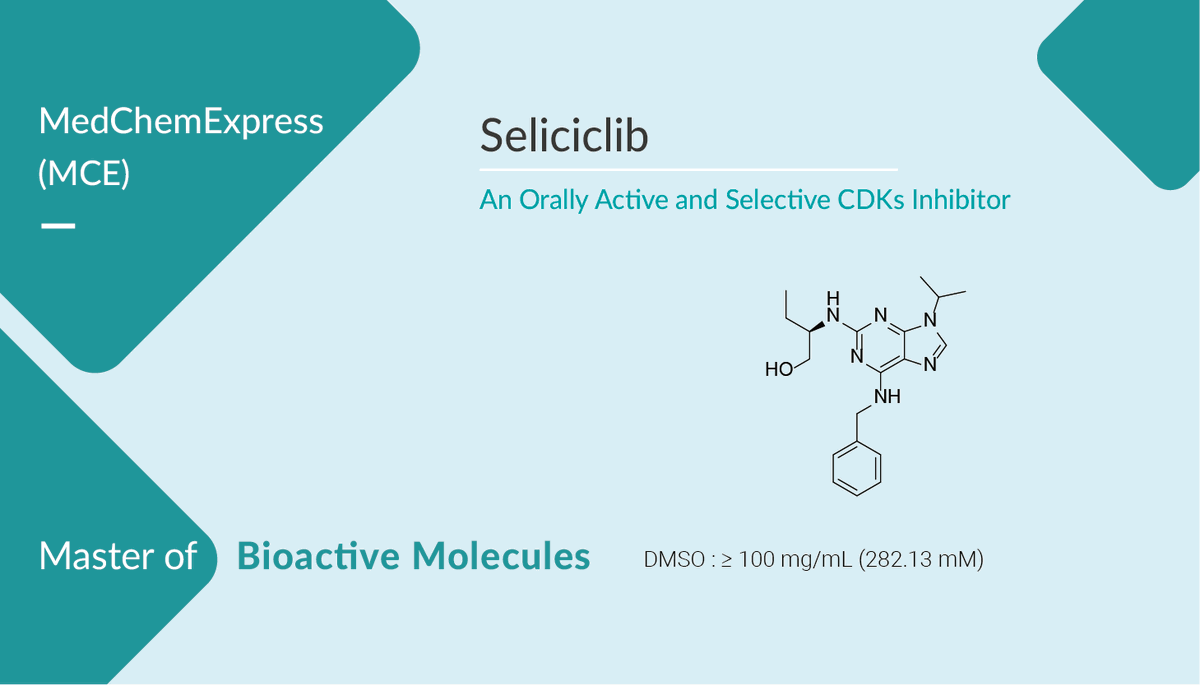 MedChemExpress's tweet photo. #Seliciclib (#Roscovitine) is an orally bioavailable and selective #CDKs #inhibitor with IC50s of 0.2 μM, 0.65 μM, and 0.7 μM for #CDK5, #Cdc2, and #CDK2, respectively. #drugdiscovery. https://t.co/V1EruT1YB3 https://t.co/1XtgoPhReq