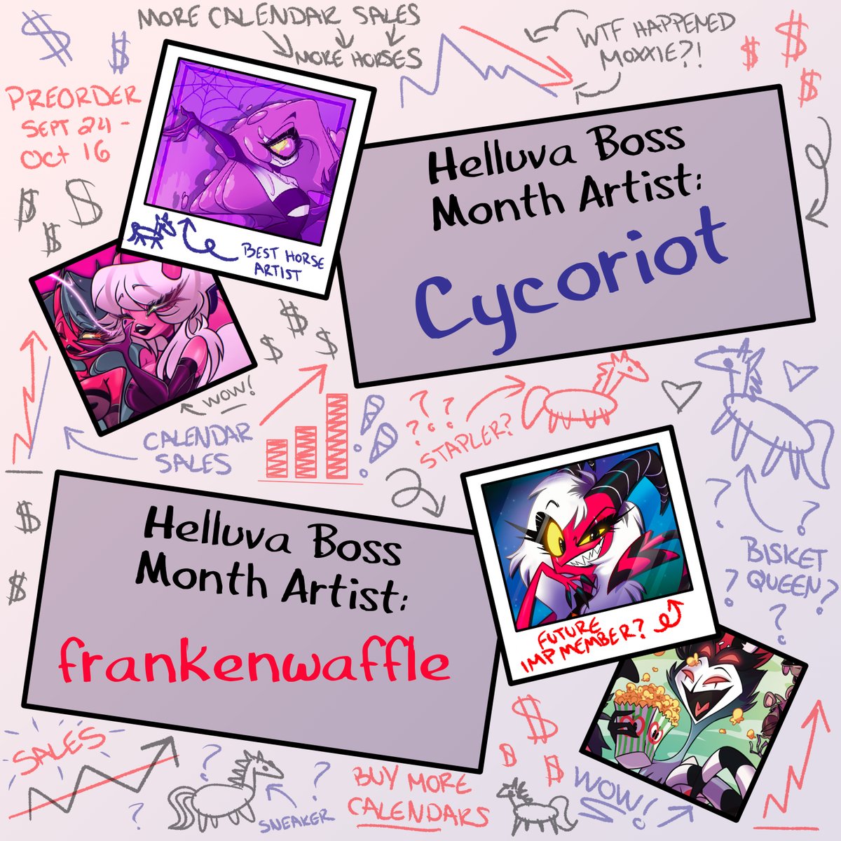 🚨Artist Spotlight Alert🚨
Today we are featuring the amazing <a href="/Cycoriot/">Cycoriot ✨??? 😈 COMING SOON</a> and <a href="/frankenwaffle/">nyx</a>!
Preorder has been extended to Oct 30. In hand copies will be very limited. We highly recommend preordering to secure your copy!
#hazbinhotel #hellaverse #HelluvaBoss