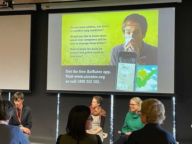 UTAS_MPH's tweet photo. Professor Fay Johnston, Dr Penny Jones with Bill Dodd discussing the free AirRater app developed in #Tasmania at Collaborating for #PublicHealth 
@UTAS_  @AirRaterUTAS https://t.co/6xQNvkhHb8