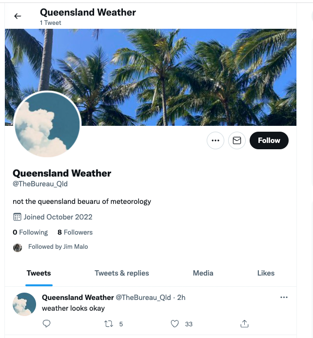 JoshButler's tweet photo. the Bureau of Meteorology's announcement that it was changing its Twitter handles to TheBureau, seemingly without reserving those handles first, has led to inevitable responses: https://t.co/WTfAAtYuhx
