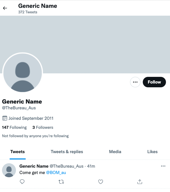 JoshButler's tweet photo. the Bureau of Meteorology's announcement that it was changing its Twitter handles to TheBureau, seemingly without reserving those handles first, has led to inevitable responses: https://t.co/WTfAAtYuhx