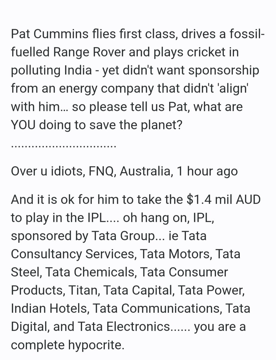 ComradeFat's tweet photo. Pat Cummins has gone too far with his voodoo climate religious beliefs. He needs to be held to account for his hypocrisy on Alinta Energy. @AndreasGreenov
@Goalkickingguru
@JHewy23
@CricketAus #sackcummins
#alinta #Cricket https://t.co/Tw5NJqCvgy