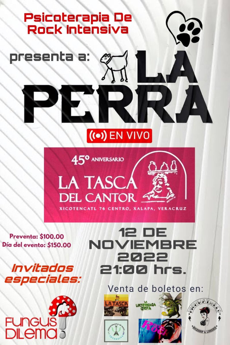 PsicoteraRockIn's tweet photo. ¡Concierto de #RockDeCámara y #RockProgresivo #LaPerra y #FungusDilema? en #Xalapa para celebrar los #45Años de #LaTascaDelCantor el próximo #12_NOV! ⬇️📲#RT👉🏻👈🏻 @Visita_Xalapa @XalapaRcreativa @VialidadXalapa @VidaEnXalapa 
📲https://t.co/OSD502ekfq #CompArteRockyCultura🎸🇲🇽🎫⬇️ https://t.co/YoegMfExNY