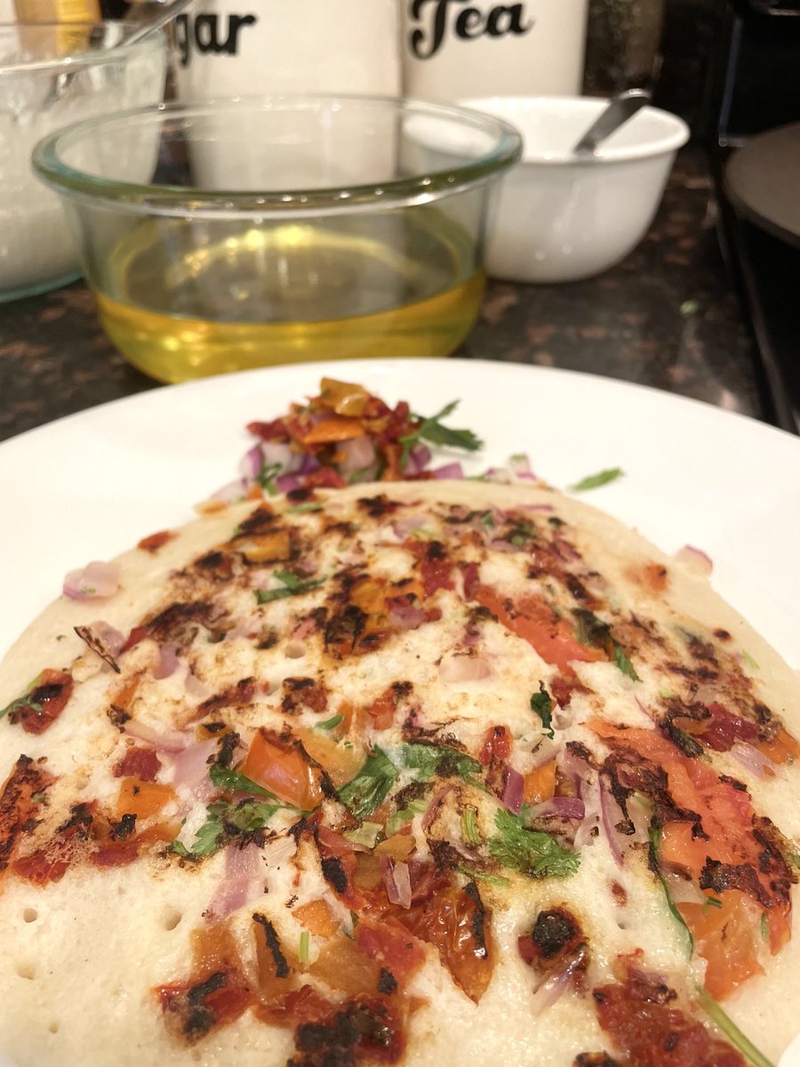 #vegan #gluten-free sun dried tomato #bruschetta #uttapam , rice &amp; lentil savory pancake for kids’ dinner. W/ Remoulade. Yummy!!