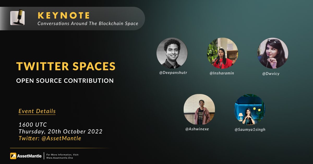 Join us <a href="/AssetMantle/">AssetMantle 💎🔗📜</a> and the speakers <a href="/deepanshutr/">Deepanshu Tripathi</a> <a href="/dwvicy/">Vaish Dwivedi</a> <a href="/Insharamin/">Insha</a> <a href="/ashwinexe/">Ashwin Kumar Uppala</a> <a href="/saumya1singh/">Saumya Singh</a> talking about OSS contributions 

x.com/i/spaces/1lDxL…

Set reminders here!